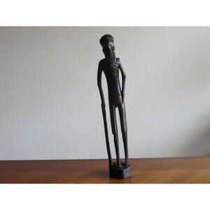 Vintage African Hand Carved Elder Old Dark Wood Man Walking Stick Figure 13 In